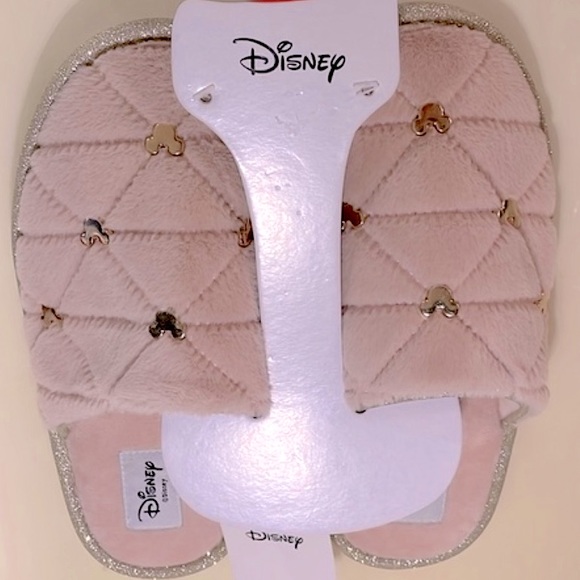 🆕 Disney Mickey Mouse Quilted Rose Gold Glitter Slippers w/Metallic Icon Charms - Picture 3 of 7